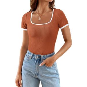 imagePRETTYGARDEN Womens Summer Short Sleeve T Shirts Ribbed Knit Square Neck Color Block Slim Fit Basic Casual Crop Tops BlousesRust Red