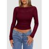 imagePRETTYGARDEN Womens Long Sleeve Sheer Crop Tops Boat Neck See Through Cover Up with Spaghetti Strap Camisole 2 Piece BlousesJujube Red