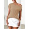 imagePRETTYGARDEN Womens Off The Shoulder Tops 2025 Summer Casual Short Sleeve Tunic T Shirts Lightweight Knit SweatersKhaki