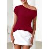 imagePRETTYGARDEN Womens Off The Shoulder Tops 2025 Summer Casual Short Sleeve Tunic T Shirts Lightweight Knit SweatersWine Red