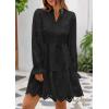 imagePRETTYGARDEN Womens Spring 2025 Long Puff Sleeve Mini Dress Hollow Out Lace V Neck A Line Ruffle Casual Party DressesBlack