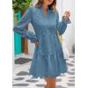 imagePRETTYGARDEN Womens Spring 2025 Long Puff Sleeve Mini Dress Hollow Out Lace V Neck A Line Ruffle Casual Party DressesGrey Blue