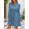 imagePRETTYGARDEN Womens Spring 2025 Long Puff Sleeve Mini Dress Hollow Out Lace V Neck A Line Ruffle Casual Party DressesGrey Blue