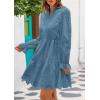 imagePRETTYGARDEN Womens Spring 2025 Long Puff Sleeve Mini Dress Hollow Out Lace V Neck A Line Ruffle Casual Party DressesGrey Blue