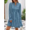 imagePRETTYGARDEN Womens Spring 2025 Long Puff Sleeve Mini Dress Hollow Out Lace V Neck A Line Ruffle Casual Party DressesGrey Blue