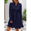 imagePRETTYGARDEN Womens Spring 2025 Long Puff Sleeve Mini Dress Hollow Out Lace V Neck A Line Ruffle Casual Party DressesNavy