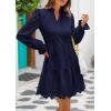 imagePRETTYGARDEN Womens Spring 2025 Long Puff Sleeve Mini Dress Hollow Out Lace V Neck A Line Ruffle Casual Party DressesNavy