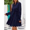 imagePRETTYGARDEN Womens Spring 2025 Long Puff Sleeve Mini Dress Hollow Out Lace V Neck A Line Ruffle Casual Party DressesNavy