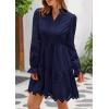 imagePRETTYGARDEN Womens Spring 2025 Long Puff Sleeve Mini Dress Hollow Out Lace V Neck A Line Ruffle Casual Party DressesNavy