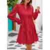 imagePRETTYGARDEN Womens Spring 2025 Long Puff Sleeve Mini Dress Hollow Out Lace V Neck A Line Ruffle Casual Party DressesRed