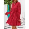 imagePRETTYGARDEN Womens Spring 2025 Long Puff Sleeve Mini Dress Hollow Out Lace V Neck A Line Ruffle Casual Party DressesRed