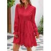 imagePRETTYGARDEN Womens Spring 2025 Long Puff Sleeve Mini Dress Hollow Out Lace V Neck A Line Ruffle Casual Party DressesRed
