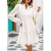 imagePRETTYGARDEN Womens Spring 2025 Long Puff Sleeve Mini Dress Hollow Out Lace V Neck A Line Ruffle Casual Party DressesWhite