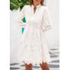 imagePRETTYGARDEN Womens Spring 2025 Long Puff Sleeve Mini Dress Hollow Out Lace V Neck A Line Ruffle Casual Party DressesWhite