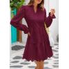 imagePRETTYGARDEN Womens Spring 2025 Long Puff Sleeve Mini Dress Hollow Out Lace V Neck A Line Ruffle Casual Party DressesWine Red