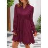 imagePRETTYGARDEN Womens Spring 2025 Long Puff Sleeve Mini Dress Hollow Out Lace V Neck A Line Ruffle Casual Party DressesWine Red