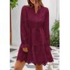 imagePRETTYGARDEN Womens Spring 2025 Long Puff Sleeve Mini Dress Hollow Out Lace V Neck A Line Ruffle Casual Party DressesWine Red