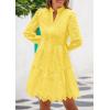 imagePRETTYGARDEN Womens Spring 2025 Long Puff Sleeve Mini Dress Hollow Out Lace V Neck A Line Ruffle Casual Party DressesYellow