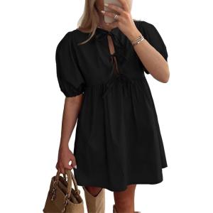 imagePRETTYGARDEN Womens 2025 Summer Casual Short Sleeve Dresses A Line Bow Tie Front Babydoll Loose Cute Mini Dress with PocketsBlack