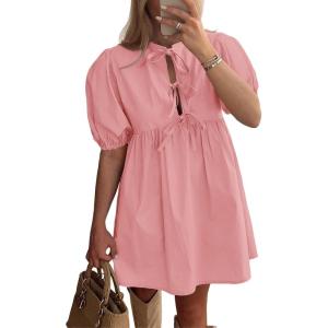 imagePRETTYGARDEN Womens 2025 Summer Casual Short Sleeve Dresses A Line Bow Tie Front Babydoll Loose Cute Mini Dress with PocketsLight Pink