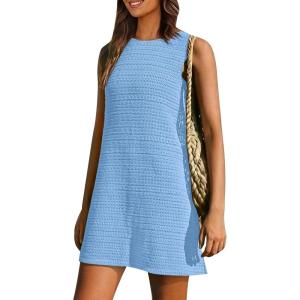 imagePRETTYGARDEN Womens Crochet Coverups 2025 Summer Sleeveless Knit Beach Vacation Resort Bathing Suit Swimwear Cover Up DressLight Blue
