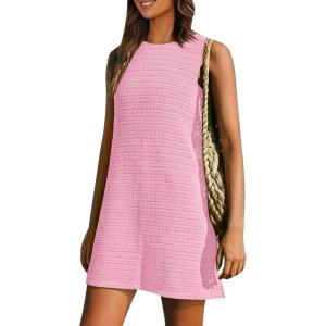 imagePRETTYGARDEN Womens Crochet Coverups 2025 Summer Sleeveless Knit Beach Vacation Resort Bathing Suit Swimwear Cover Up DressPink
