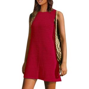 imagePRETTYGARDEN Womens Crochet Coverups 2025 Summer Sleeveless Knit Beach Vacation Resort Bathing Suit Swimwear Cover Up DressRed