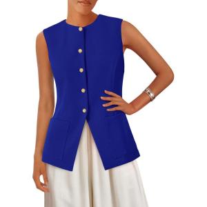 imagePRETTYGARDEN Womens Sleeveless Blazer Vest Summer 2025 Trendy Button Down Business Suit Vest Tops Outerwear WaistcoatBlue