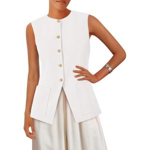 imagePRETTYGARDEN Womens Sleeveless Blazer Vest Summer 2025 Trendy Button Down Business Suit Vest Tops Outerwear WaistcoatWhite