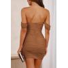 imagePRETTYGARDEN Summer Dresses for Women 2025 Off Shoulder Ruched Mesh Cocktail Party Graduation Bodycon Mini Short DressBrown