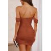 imagePRETTYGARDEN Summer Dresses for Women 2025 Off Shoulder Ruched Mesh Cocktail Party Graduation Bodycon Mini Short DressCaramel