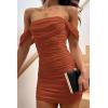 imagePRETTYGARDEN Summer Dresses for Women 2025 Off Shoulder Ruched Mesh Cocktail Party Graduation Bodycon Mini Short DressCaramel