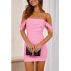 imagePRETTYGARDEN Summer Dresses for Women 2025 Off Shoulder Ruched Mesh Cocktail Party Graduation Bodycon Mini Short DressPink