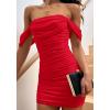 imagePRETTYGARDEN Summer Dresses for Women 2025 Off Shoulder Ruched Mesh Cocktail Party Graduation Bodycon Mini Short DressRed
