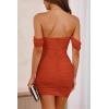 imagePRETTYGARDEN Summer Dresses for Women 2025 Off Shoulder Ruched Mesh Cocktail Party Graduation Bodycon Mini Short DressRust Red