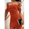 imagePRETTYGARDEN Summer Dresses for Women 2025 Off Shoulder Ruched Mesh Cocktail Party Graduation Bodycon Mini Short DressRust Red
