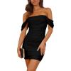 imagePRETTYGARDEN Summer Dresses for Women 2025 Off Shoulder Ruched Mesh Cocktail Party Graduation Bodycon Mini Short DressBlack