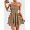 imagePRETTYGARDEN Womens 2025 Summer Strapless Tube Mini Dress Off Shoulder Smocked Ruffle A Line Flowy Short Party Club DressesKhaki