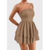 imagePRETTYGARDEN Womens 2025 Summer Strapless Tube Mini Dress Off Shoulder Smocked Ruffle A Line Flowy Short Party Club DressesKhaki