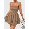 imagePRETTYGARDEN Womens 2025 Summer Strapless Tube Mini Dress Off Shoulder Smocked Ruffle A Line Flowy Short Party Club DressesKhaki