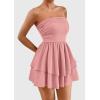 imagePRETTYGARDEN Womens 2025 Summer Strapless Tube Mini Dress Off Shoulder Smocked Ruffle A Line Flowy Short Party Club DressesPink