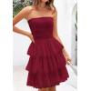 imagePRETTYGARDEN Womens Summer Dress 2025 Tube Top Mini Dresses Short Strapless Ruffle Tiered Wedding Guest Beach Mesh SundressWine Red