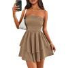 imagePRETTYGARDEN Womens 2025 Summer Strapless Tube Mini Dress Off Shoulder Smocked Ruffle A Line Flowy Short Party Club DressesKhaki