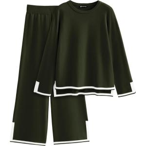 imagePRETTYGARDEN Womens 2 Piece Knit Sweater Set Casual Long Sleeve Pullover Wide Leg Pants Sweatsuit Tracksuit OutfitArmy Green