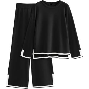 imagePRETTYGARDEN Womens 2 Piece Knit Sweater Set Casual Long Sleeve Pullover Wide Leg Pants Sweatsuit Tracksuit OutfitBlack