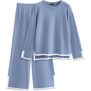 imagePRETTYGARDEN Womens 2 Piece Knit Sweater Set Casual Long Sleeve Pullover Wide Leg Pants Sweatsuit Tracksuit OutfitBlue
