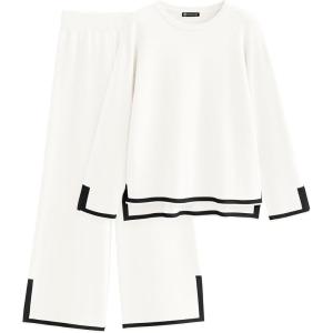 imagePRETTYGARDEN Womens 2 Piece Knit Sweater Set Casual Long Sleeve Pullover Wide Leg Pants Sweatsuit Tracksuit OutfitWhite