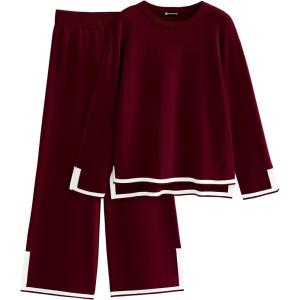 imagePRETTYGARDEN Womens 2 Piece Knit Sweater Set Casual Long Sleeve Pullover Wide Leg Pants Sweatsuit Tracksuit OutfitWine Red
