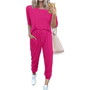 imagePRETTYGARDEN Womens Two Piece Lounge Sets 2025 Spring Summer Jogger Pants Vacation Outfits Travel Airplane Matching ClothesRose Red