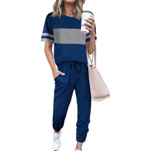 imagePRETTYGARDEN Womens Two Piece Lounge Sets 2025 Spring Summer Jogger Pants Vacation Outfits Travel Airplane Matching ClothesStriped Bright Blue